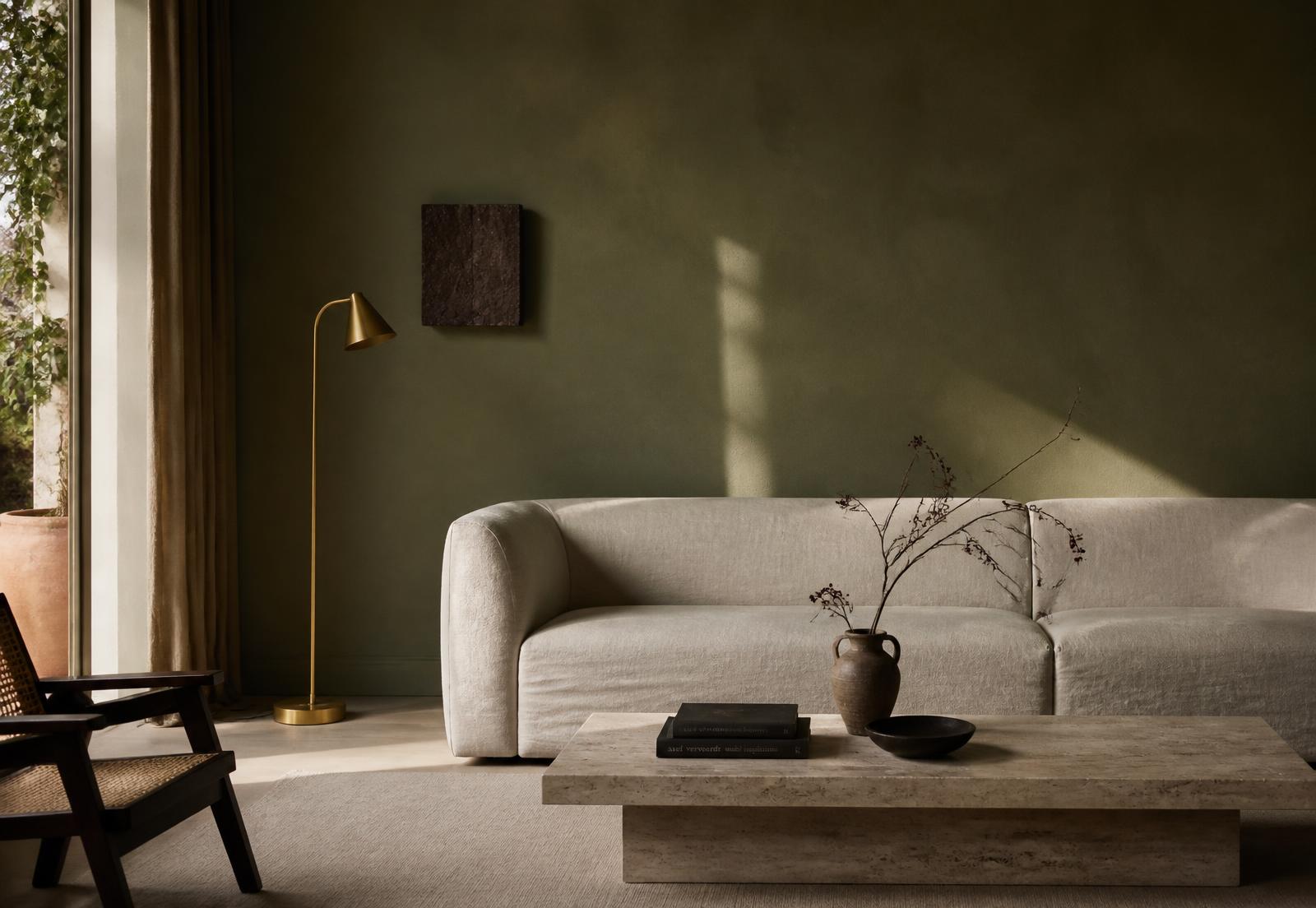 Sala de estar com parede verde profunda, sofá de linho e detalhes em latão